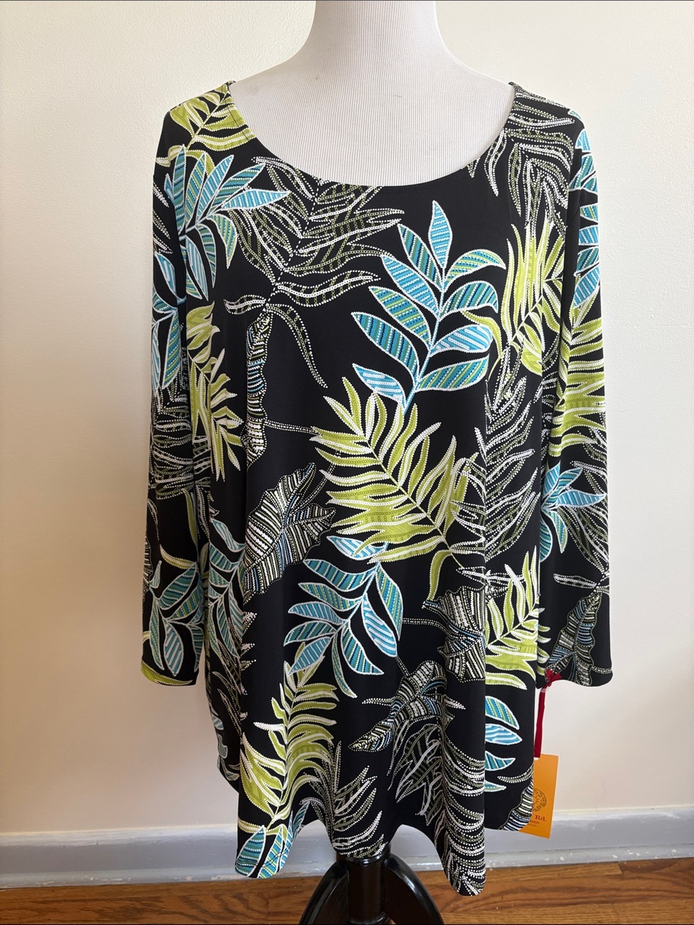 Ruby Rd. Black Tropical Leaf Print Tunic with Blue and Lime